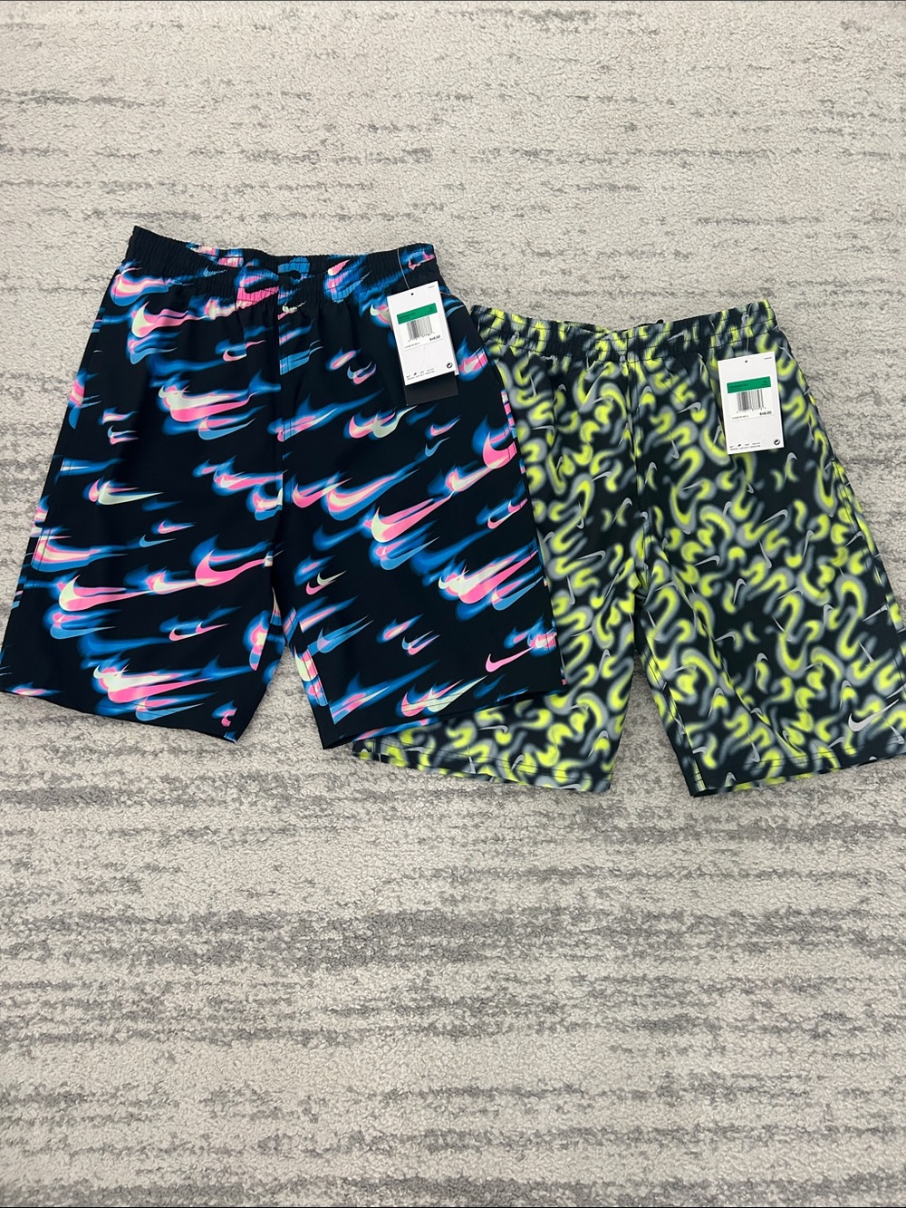 Nike Swim Shorts with Neon Multicolor Swoosh and Lime Pattern, Youth large